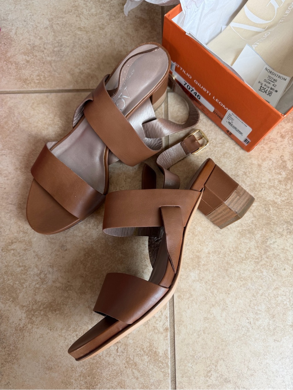 Agl Tan Leather Block Heel Sandals